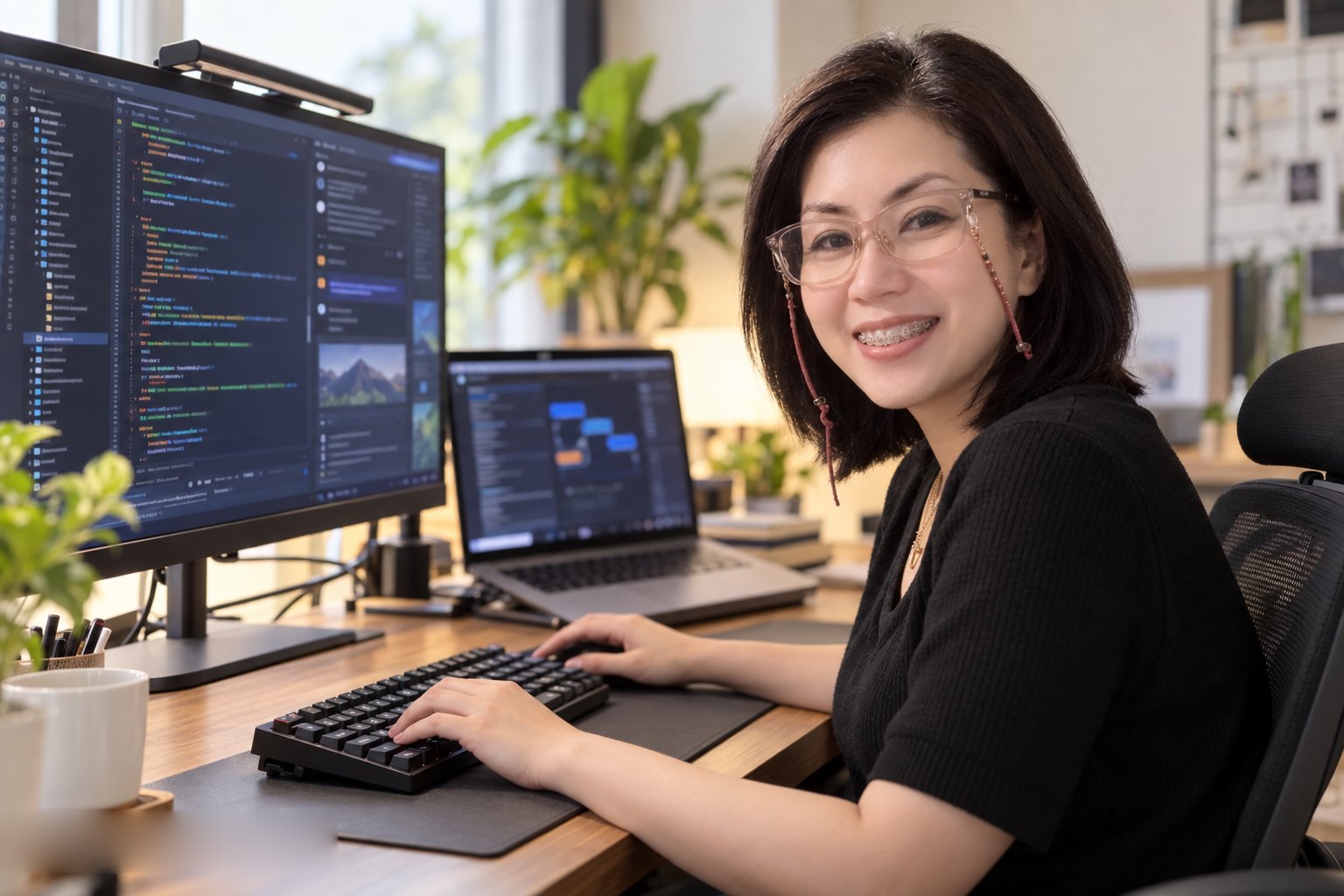 AI-generated illustration: Donna at a desk with code on a monitor and a laptop