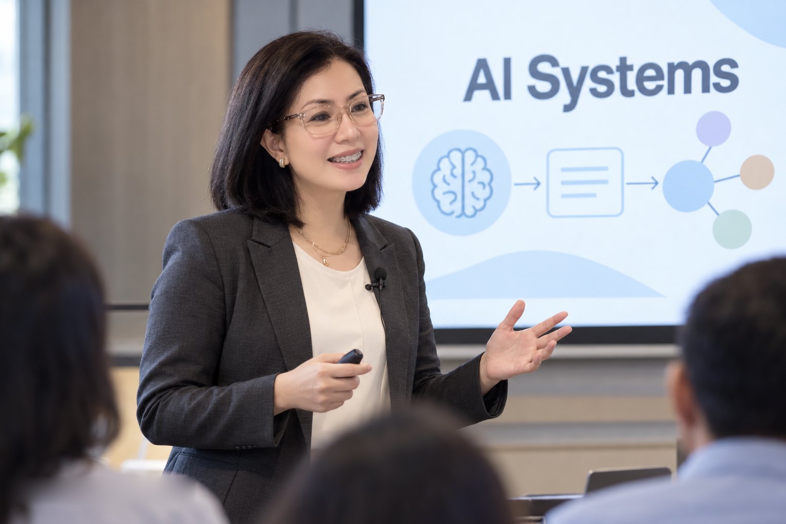 AI-generated illustration: Donna presenting a slide titled AI Systems to a small audience