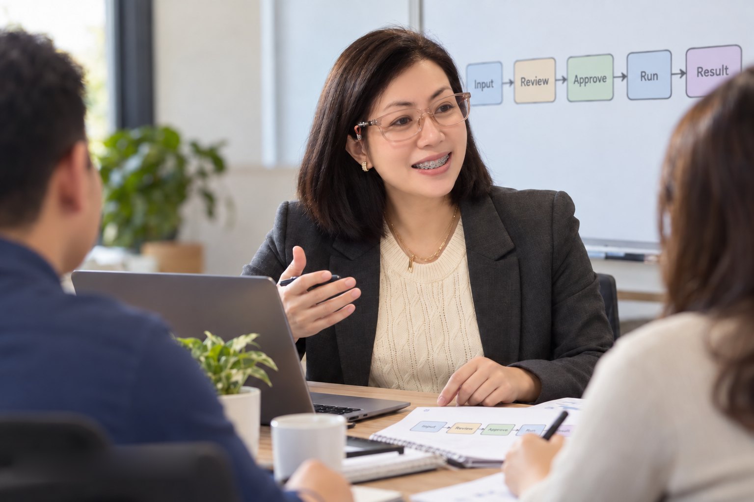 AI-generated illustration: Donna in a meeting in front of a board reading Input, Review, Approve, Run, Result